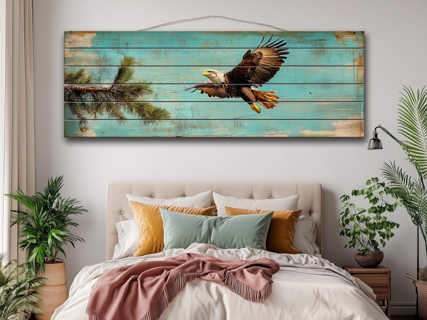 Rustic Wood Wall Art - Abstract American Bald Eagle Painting on Natural Wood Planks