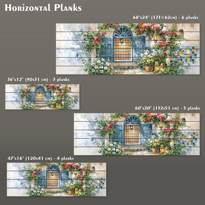 a collection of four different images, each depicting a window with a flower-covered sill and a blue door. The images vary in size, with some being larger than others, and are arranged in a grid format.