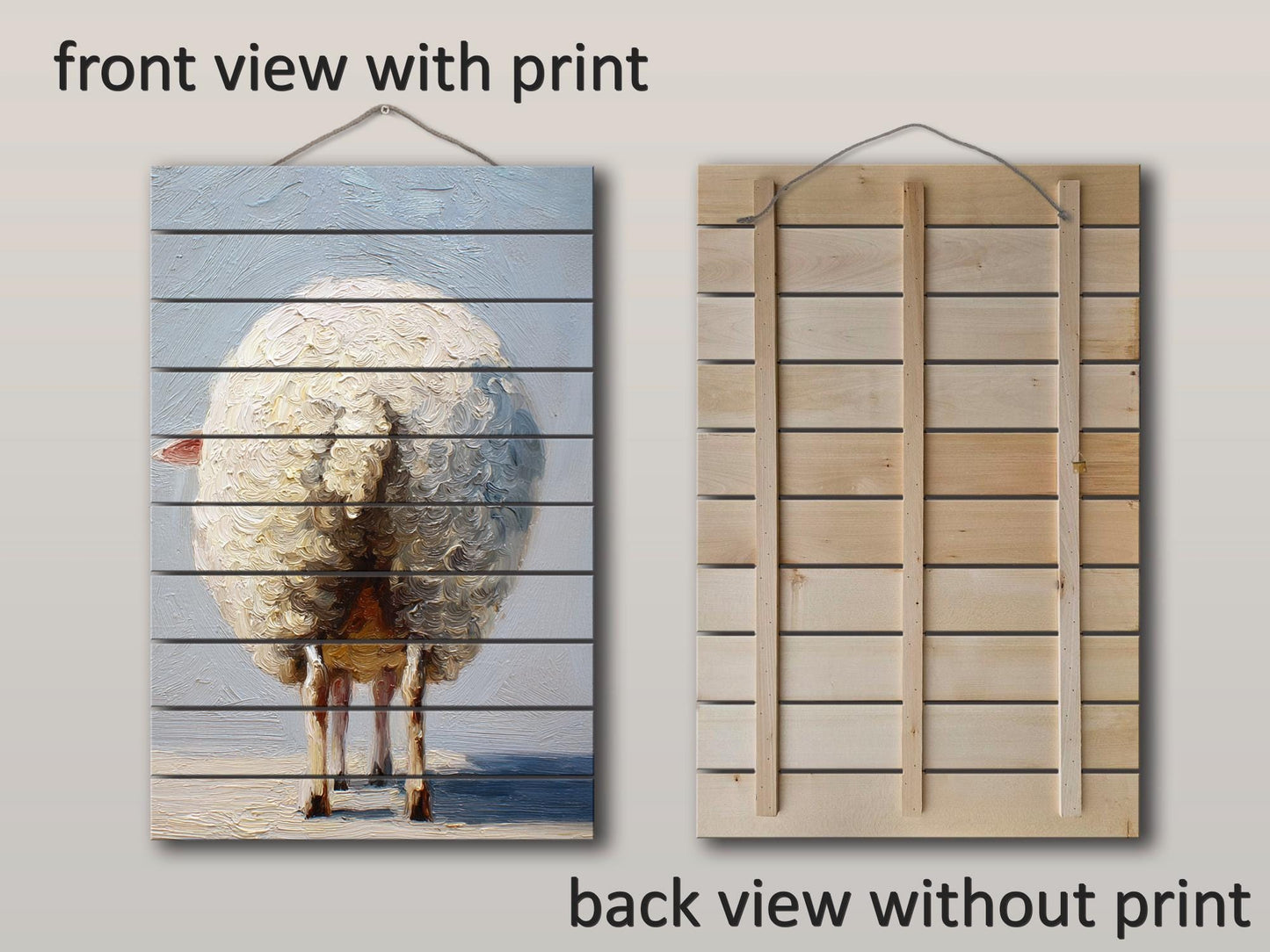 Funny Farmhouse Wall Art – Sheep Butt Print on Natural Wood Panel Decor