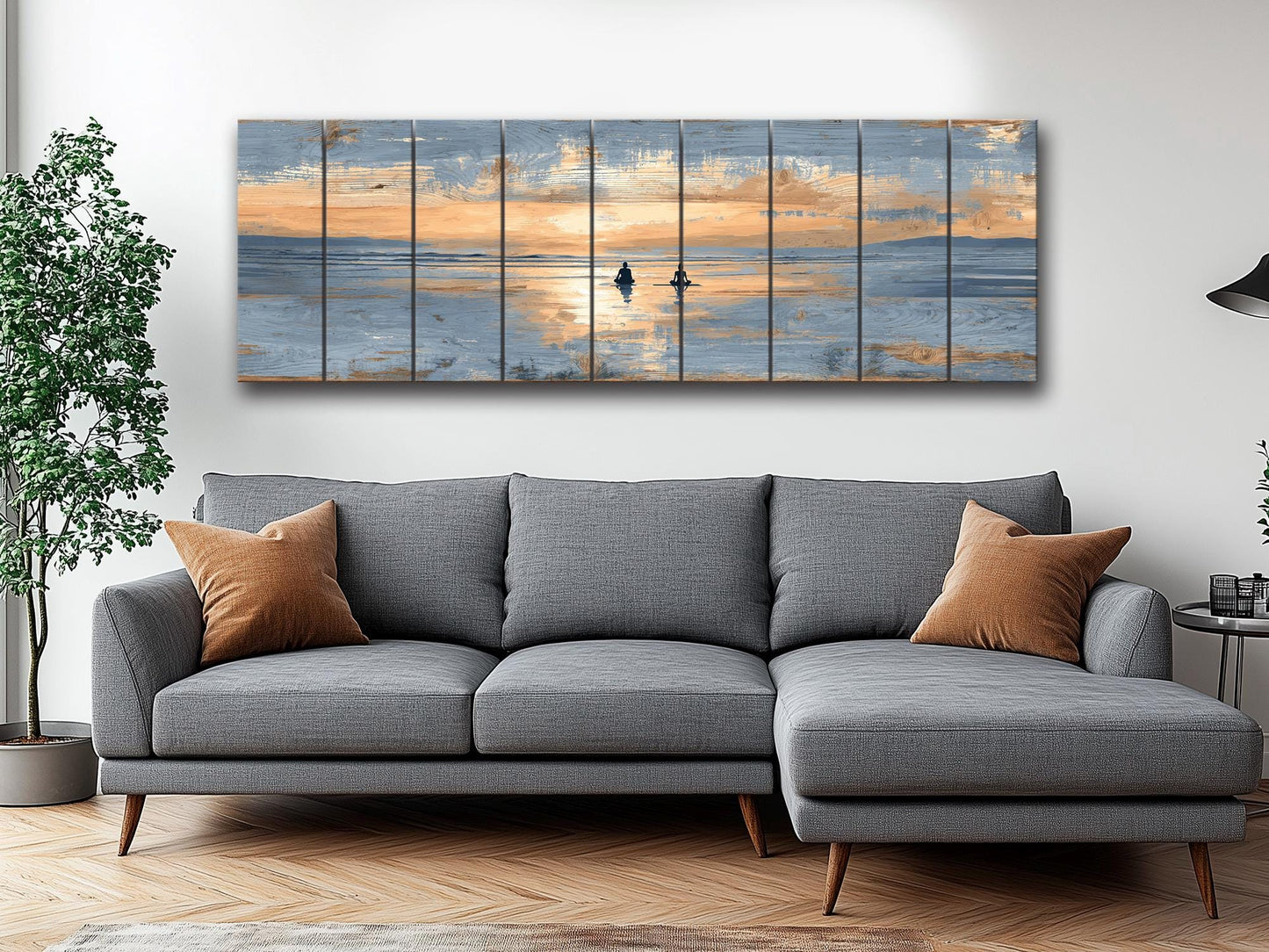 Sunrise Beach Yoga Print – Natural Wood Wall Art | Coastal Yoga Decor