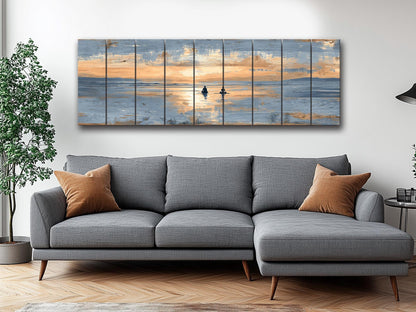 Sunrise Beach Yoga Print – Natural Wood Wall Art | Coastal Yoga Decor