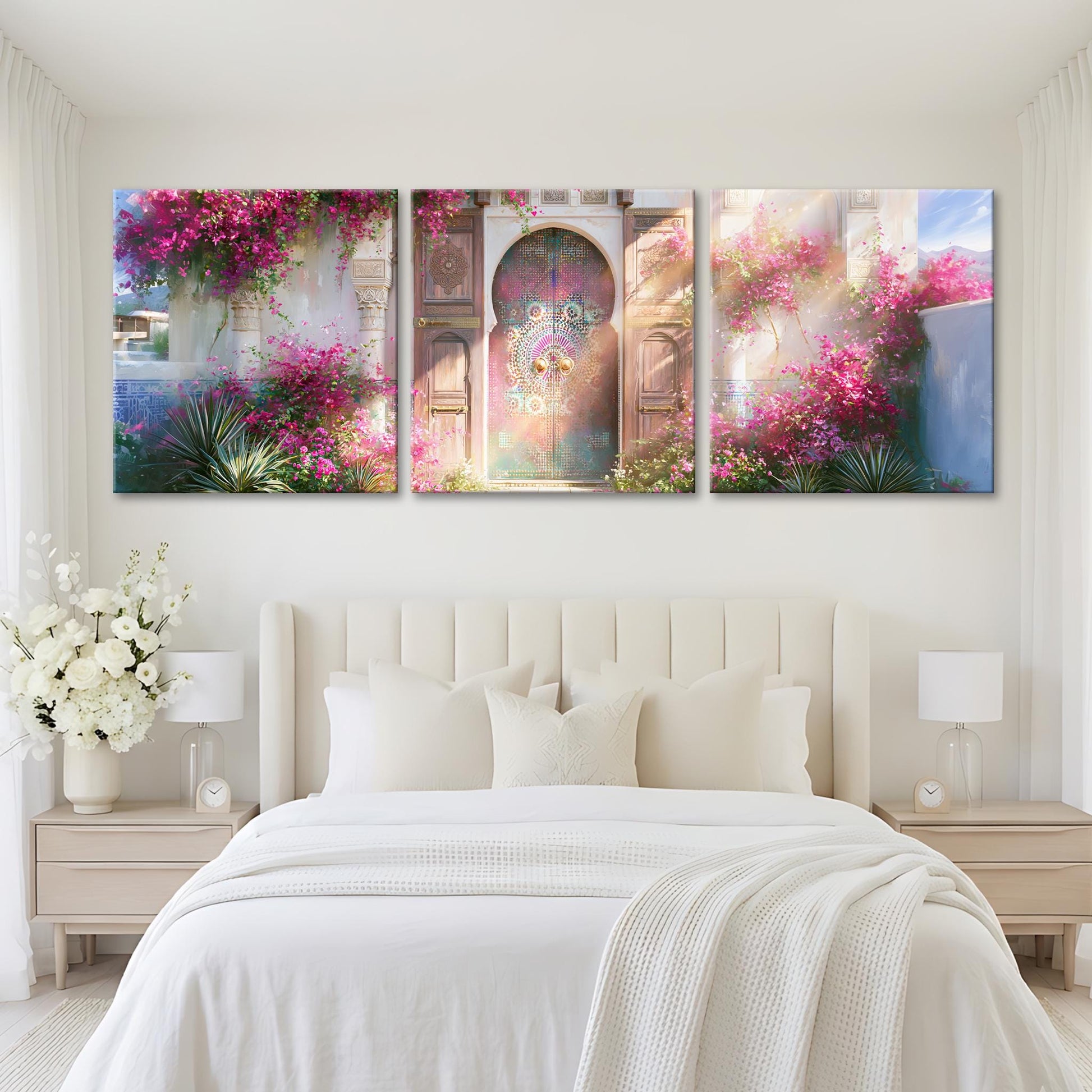 A large, white bed with a white headboard and pillows, flanked by two nightstands with lamps. Above the bed are three large, colorful paintings depicting a garden scene with pink flowers and a colorful archway.