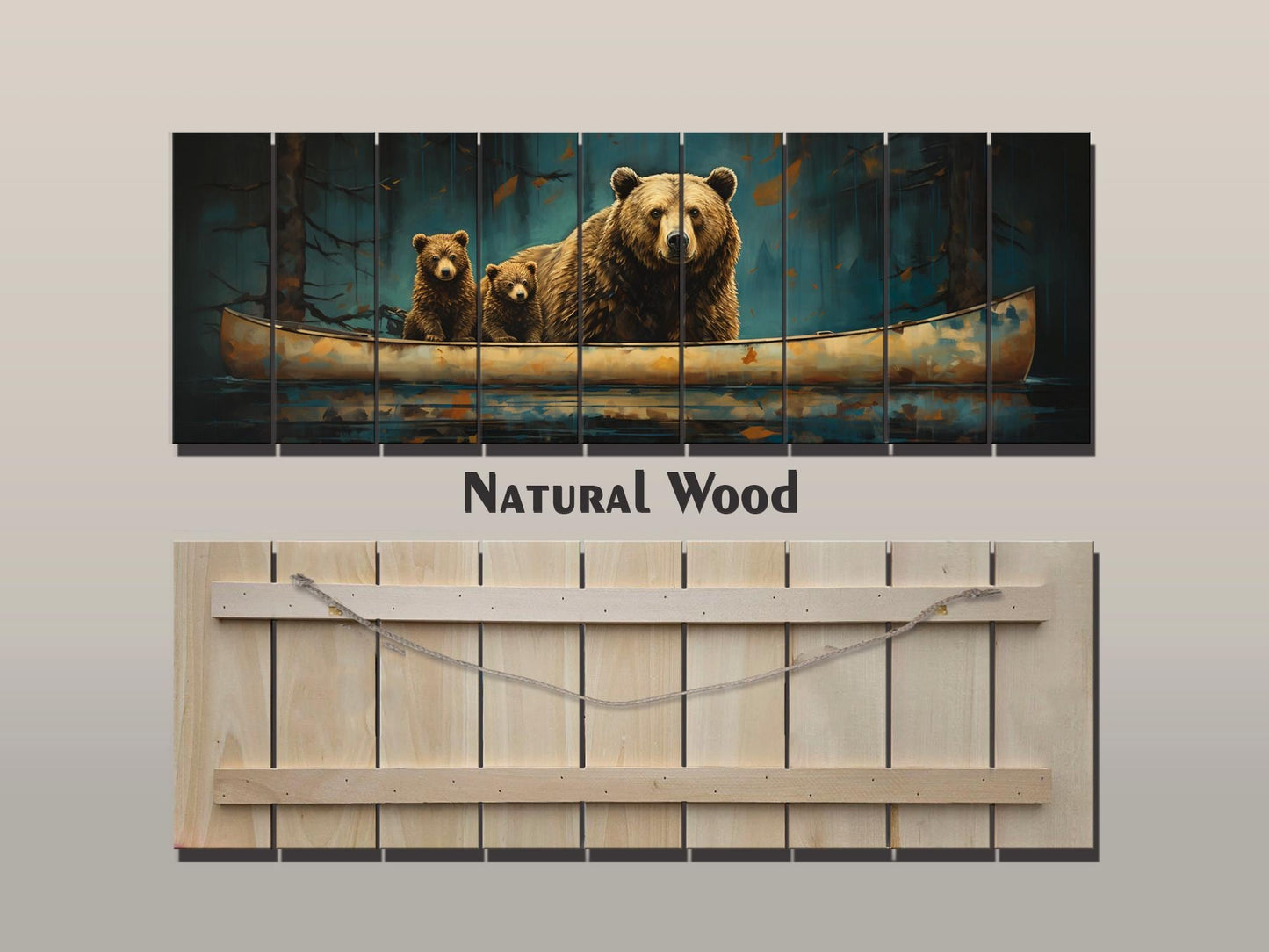 Grizzly Bear Wall Art – Rustic Wood Plank Print with Bear Family Nature Decor