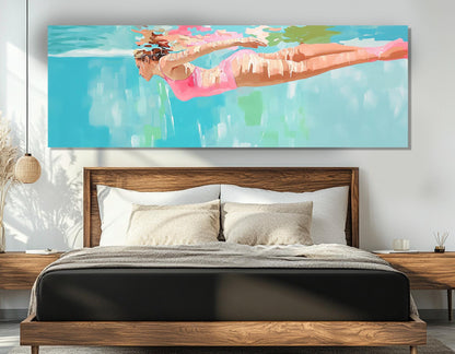 Swimming Wall Art – Lady Swimming Painting Framed Canvas Print, Poolside Decor