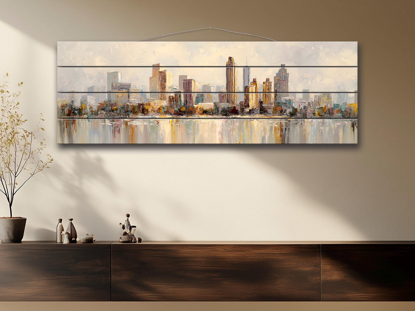Atlanta Skyline Wood Print – Rustic Wall Art | Beige Farmhouse Decor on Distressed Wood