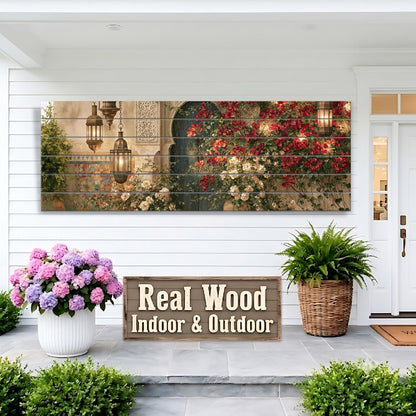 Moroccan Courtyard Canvas Print, Blue Door Wall Art, Floral Archway Painting, Islamic Architecture Canvas Decor