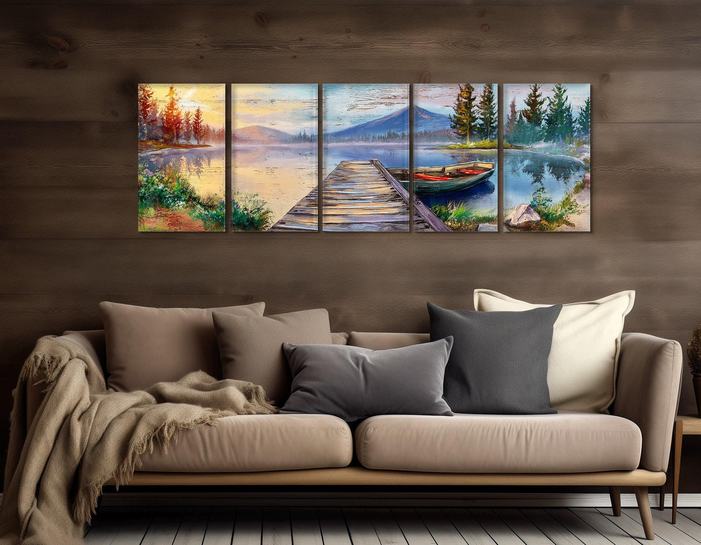 Lake Pier Canvas Print, Mountain Lake and Fishing Boat Painting, Framed & Ready to Hang