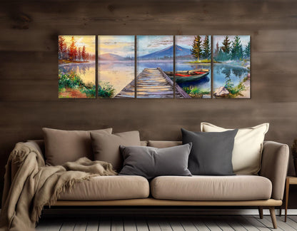 Lake Pier Canvas Print, Mountain Lake and Fishing Boat Painting, Framed & Ready to Hang