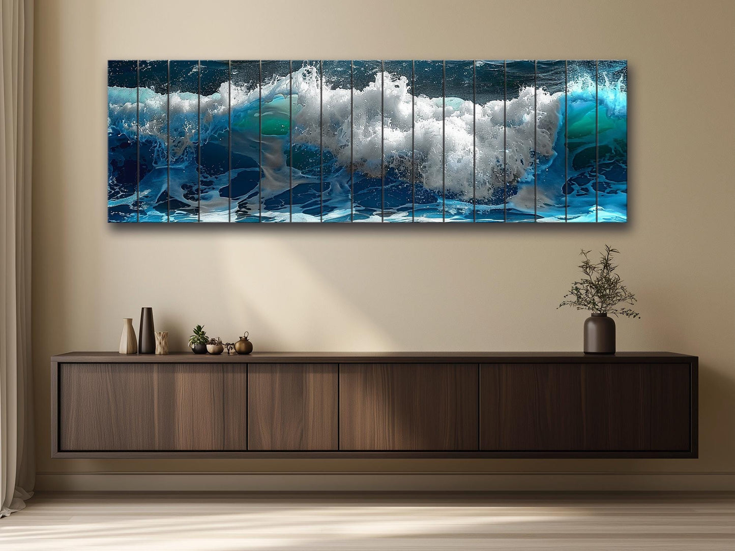 Ocean Wall Decor - Natural Wood Art with Deep Blue Ocean Waves Print, Ready to Hang
