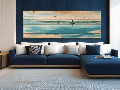 Paddleboarding Wall Art – Nautical Coastal Print on Natural Wood | Rustic Beach House Decor