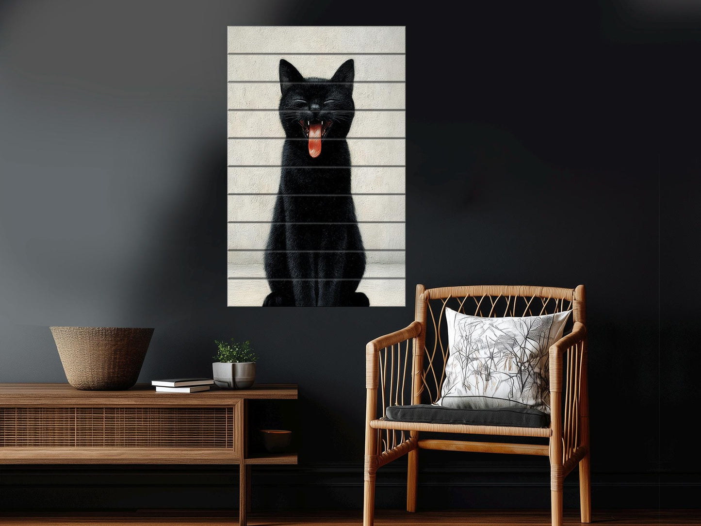 Black Cat Wall Art – Minimalist Cat Print On Wood | Rustic Wooden Decor