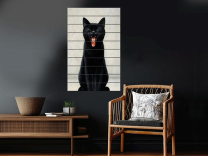 Black Cat Wall Art – Minimalist Cat Print On Wood | Rustic Wooden Decor