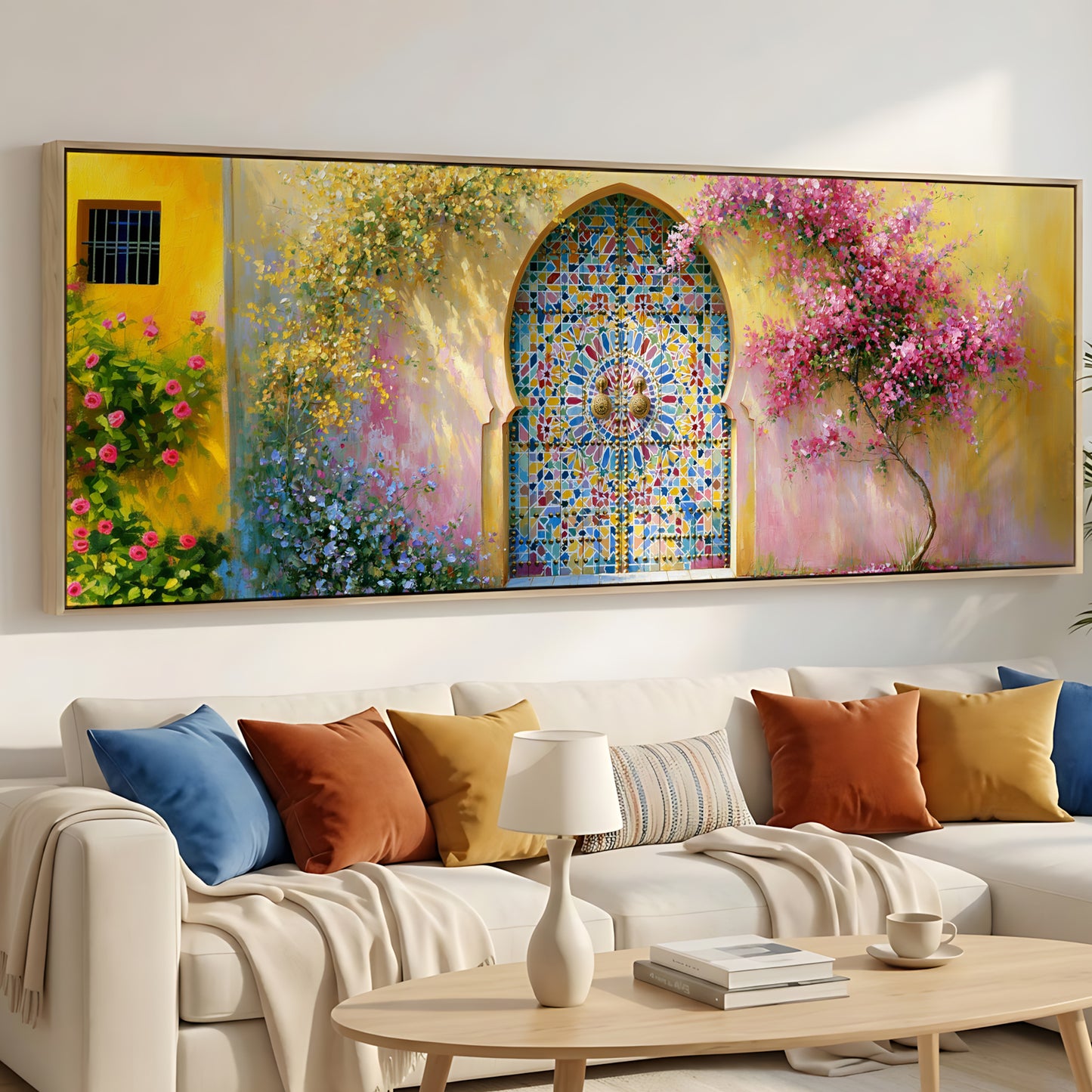 a large, colorful painting of a stained glass window with a floral design, hanging on a wall above a white sofa with colorful throw pillows.