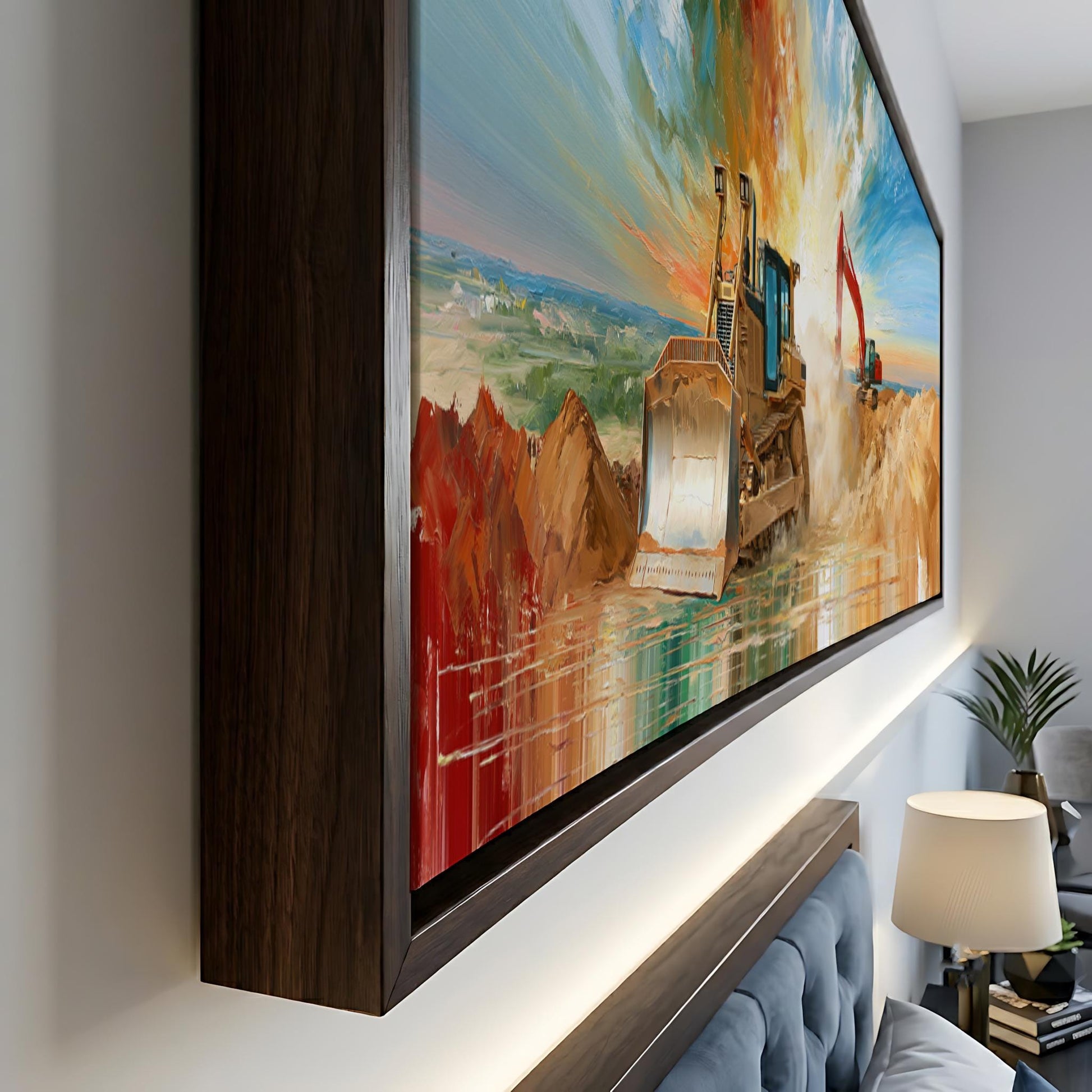 a large, colorful painting of a bulldozer on a construction site, displayed on a wall in a room.