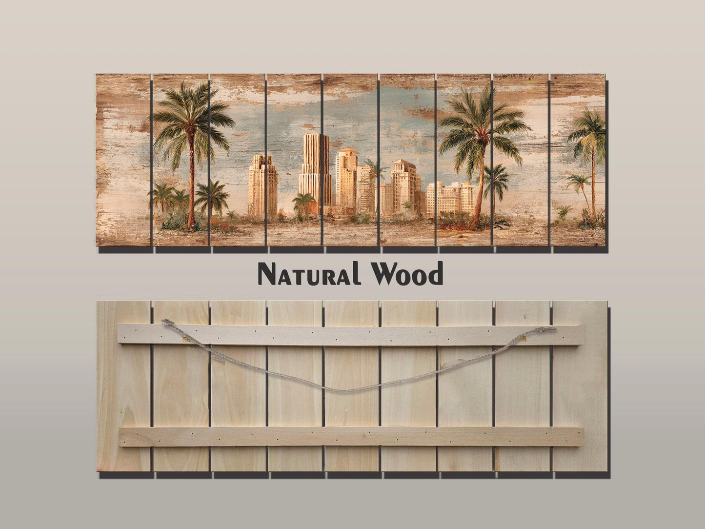 Miami Skyline Wood Print – Vintage Art Deco Cityscape on Rustic Wood Panels