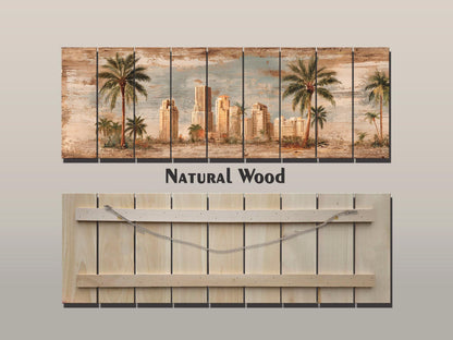 Miami Skyline Wood Print – Vintage Art Deco Cityscape on Rustic Wood Panels