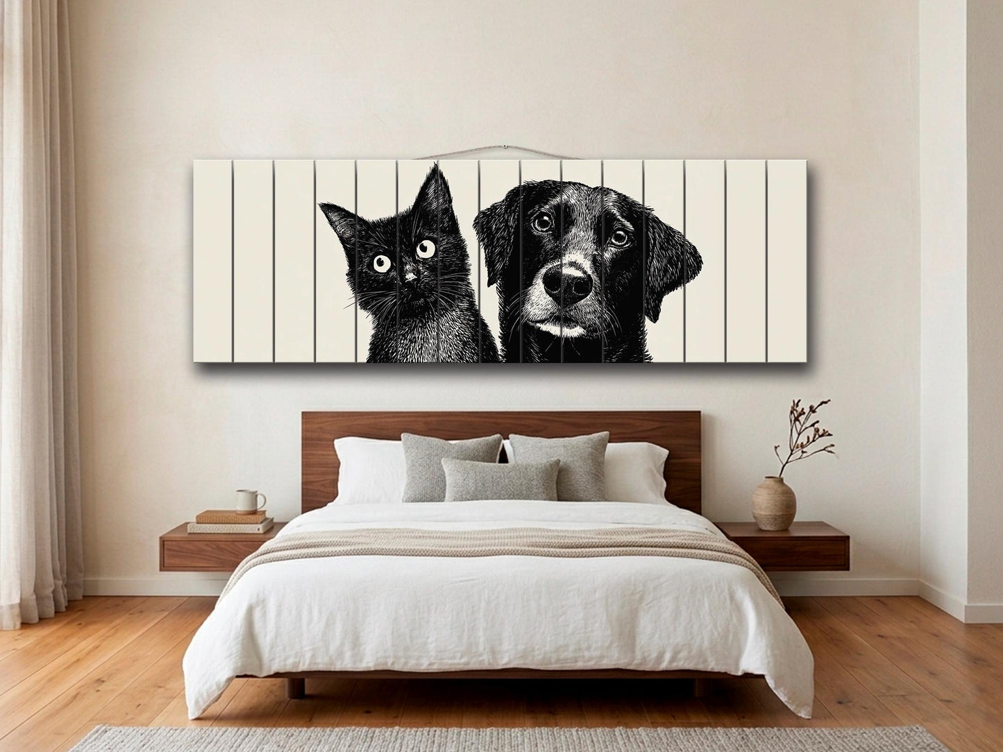 Cat and Dog Print on Wood, Black and White Pet Wall Art, Rustic Bedroom Print