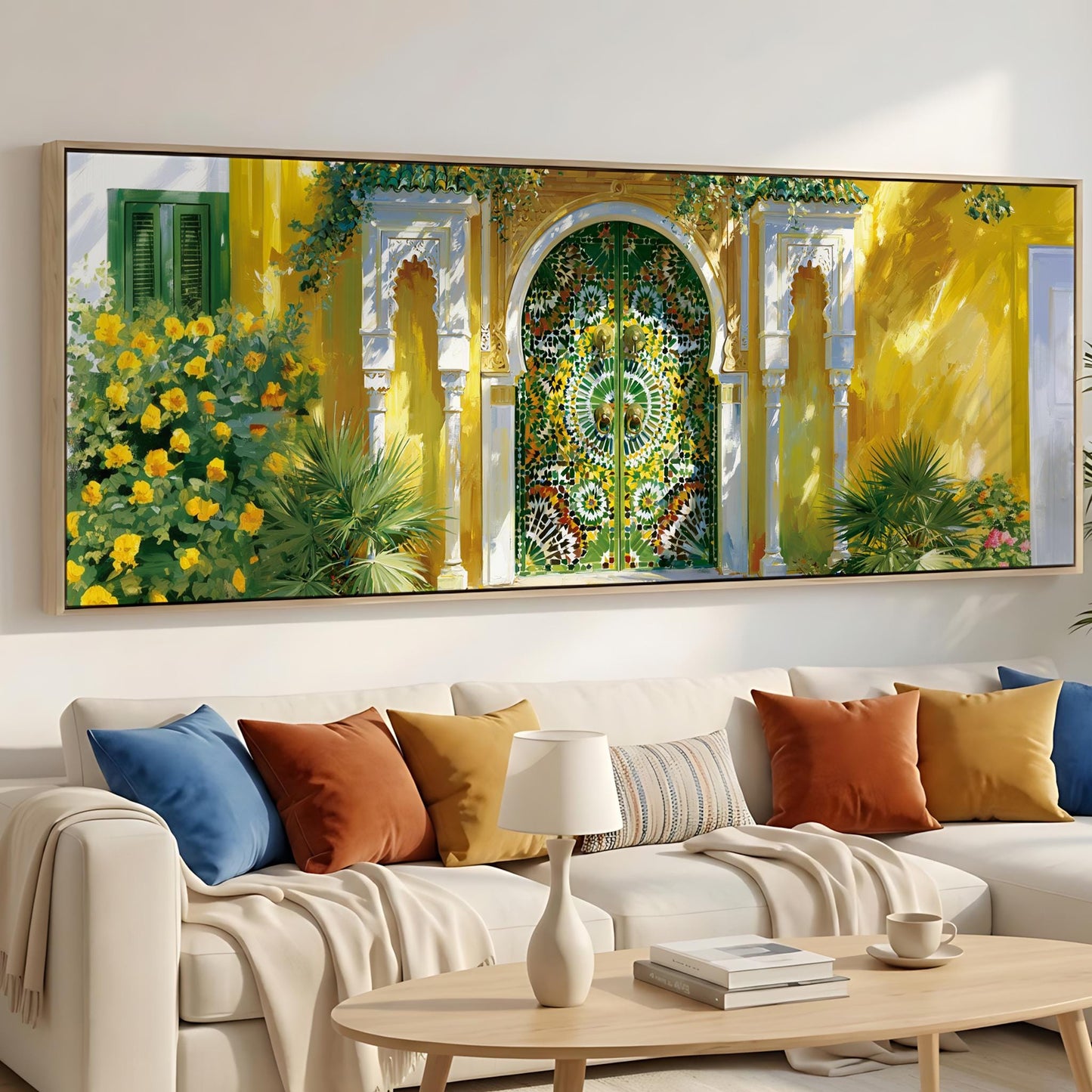 a large, colorful painting of a yellow and green archway with a decorative door, hanging above a white sofa with colorful throw pillows.