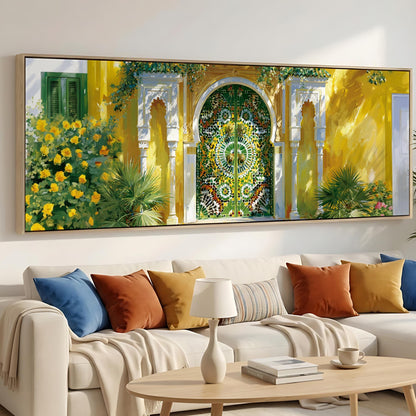 a large, colorful painting of a yellow and green archway with a decorative door, hanging above a white sofa with colorful throw pillows.