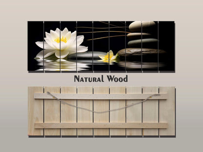 White Lily Wood Print – Natural Wood Wall Art | Zen Spa Decor on Black Background