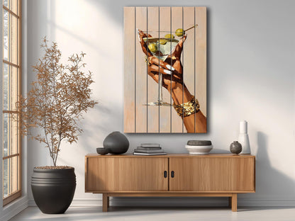 Wood Wall Art – Elegant Martini Glass Artwork on Natural Wood Planks | Minimalist Decor