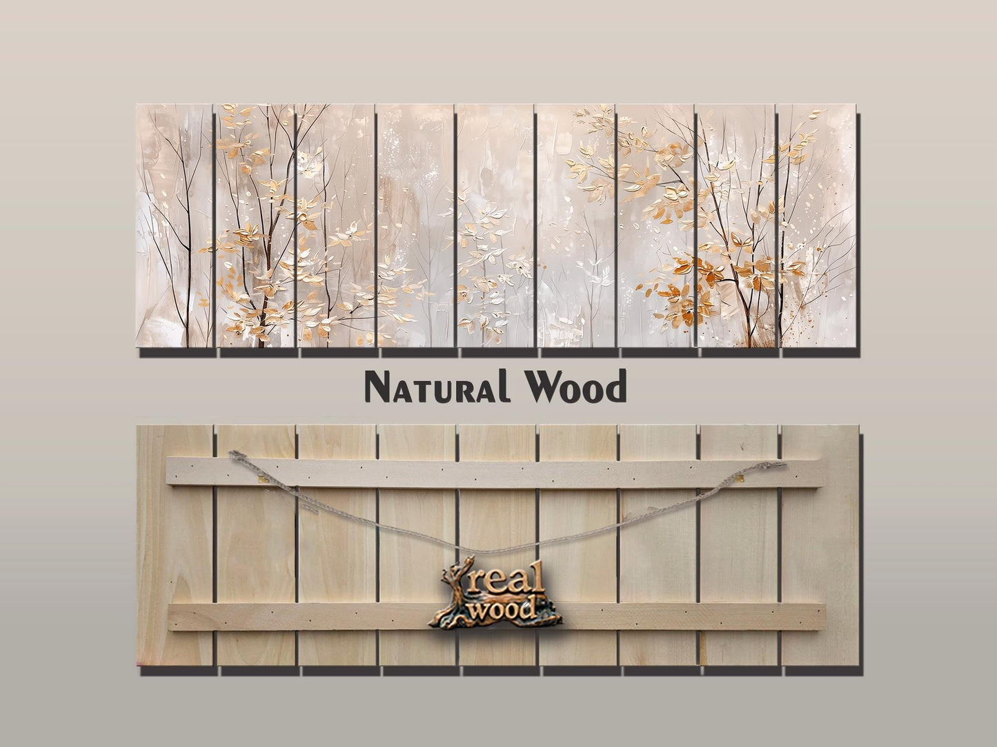 Wood Wall Art – Winter Forest Art with Golden Leaves Painting | Rustic Wood Panel Print