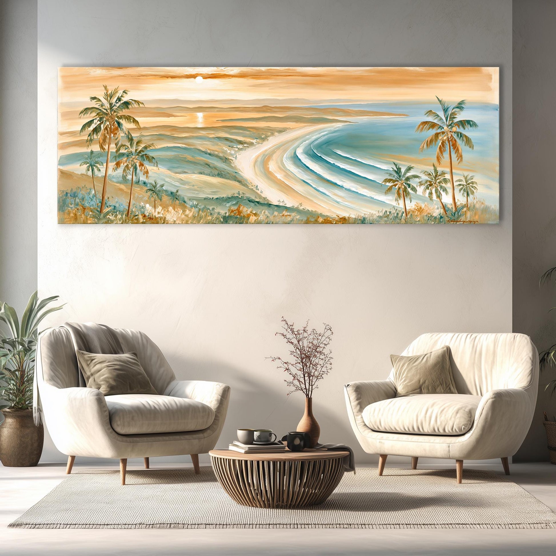 a living room with a large painting of a beach scene hanging on the wall above two white armchairs and a coffee table.