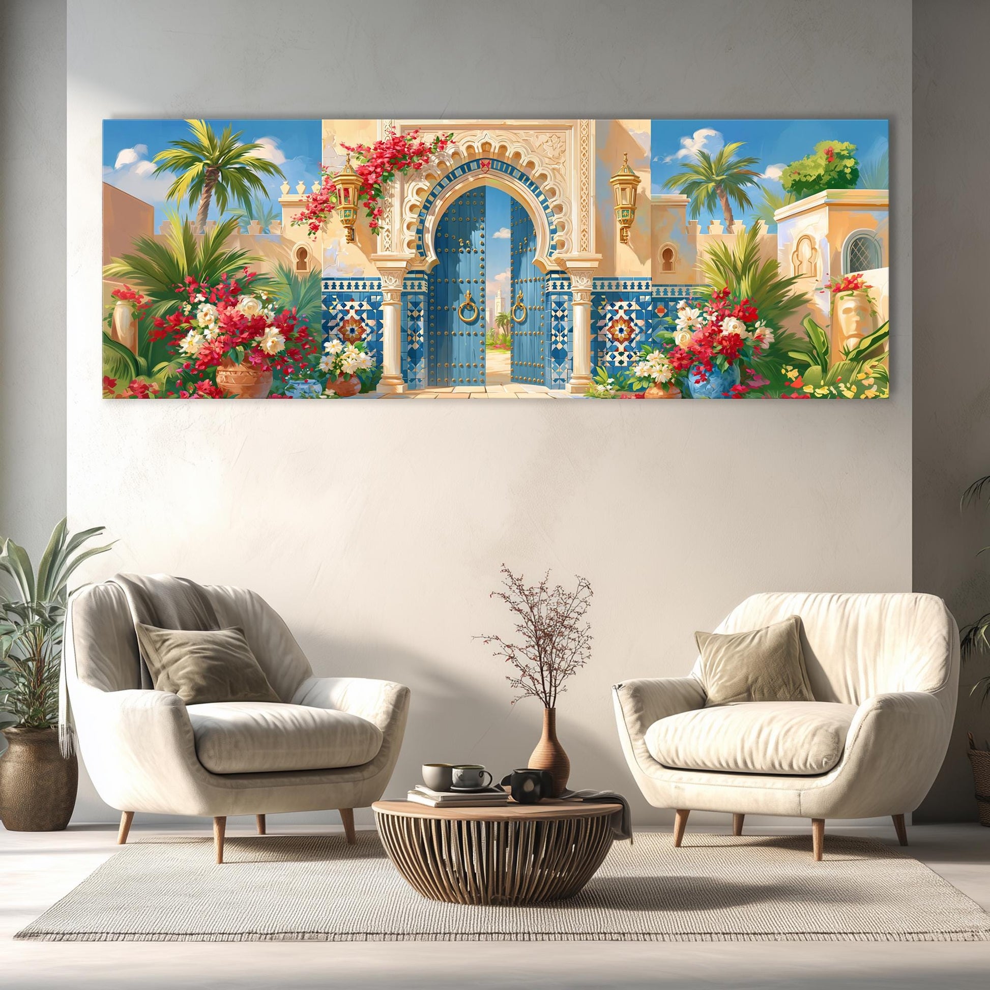 a large, colorful painting of a building with a blue archway and a gate, surrounded by tropical plants and flowers. The painting is displayed on a wall above a seating area with two white armchairs and a wooden coffee table.