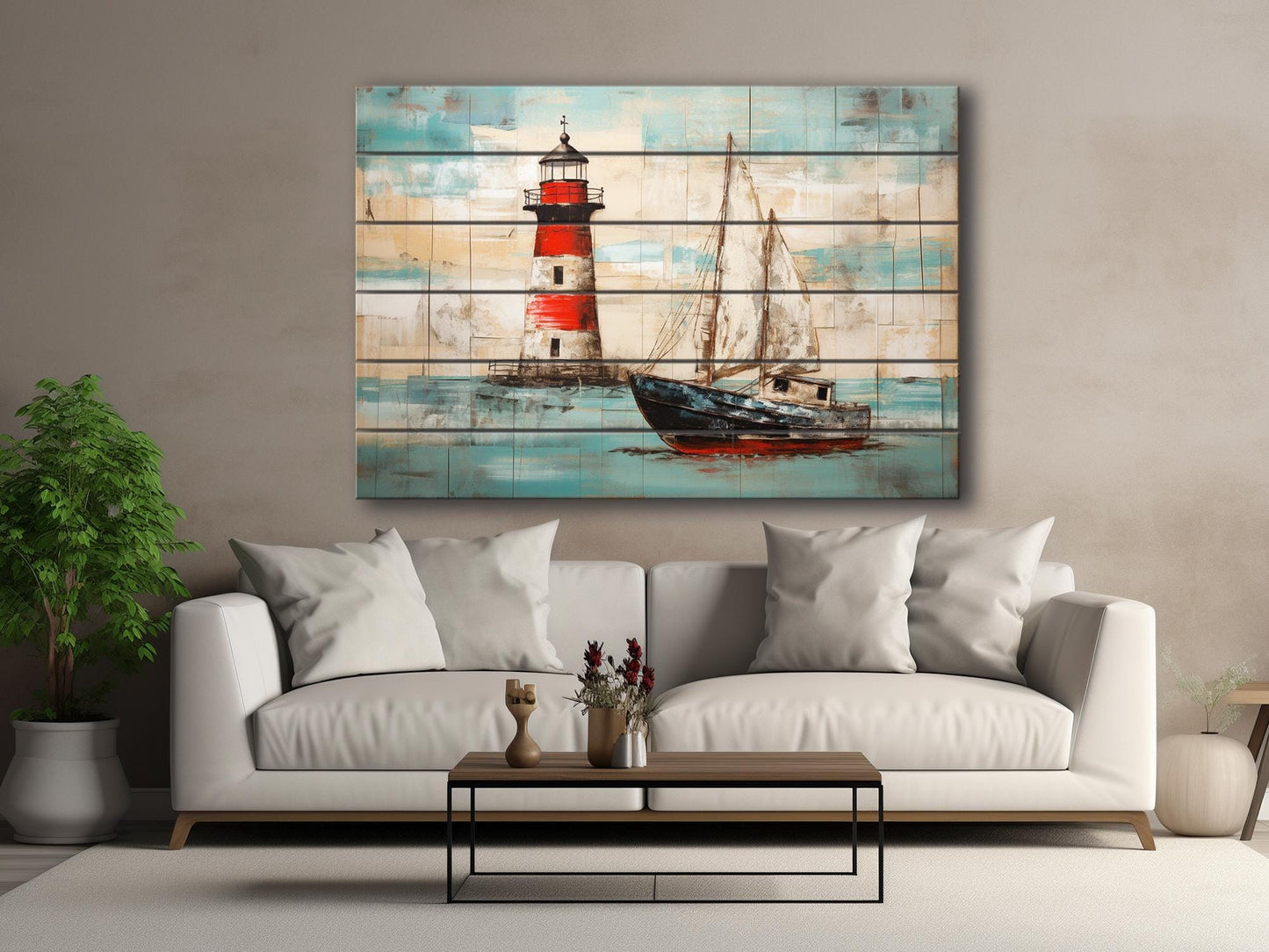 Nautical Wall Art – Coastal Wooden Wall Decor with Lighthouse Print & Sailboat Artwork