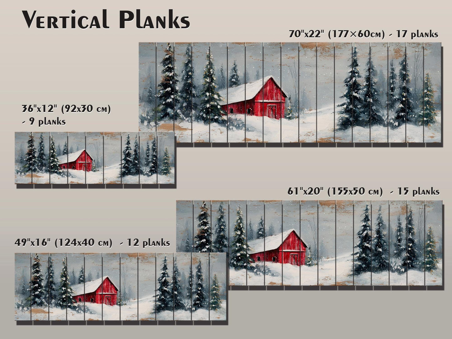 Peaceful Snowy Landscape with Red Barn and Pine Trees Print on Natural Wood, Rustic Cabin Wall Decor, Winter Forest Wall Art, Wood Wall Art