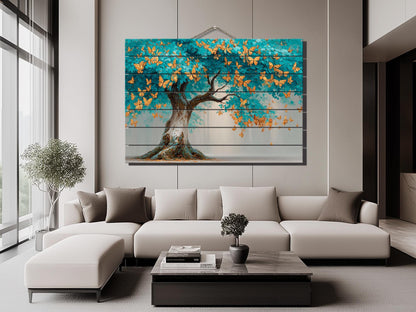 Tree Butterfly Wall Art – Abstract Tree Art Gold Turquoise Wood Wall Decor