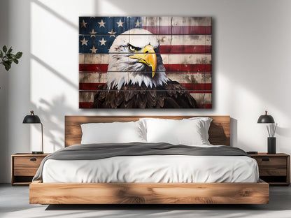Rustic Patriotic Wall Art – Bald Eagle Wall Decor on Natural Wood Plank