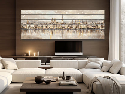 Zurich Skyline Wood Print – Rustic Wall Art with Lake Reflections Painting