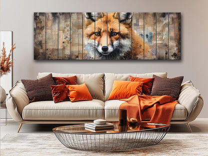Fox Print Wood - Rustic Wood Art | Woodland Wall Decor With Beige Forest Painting