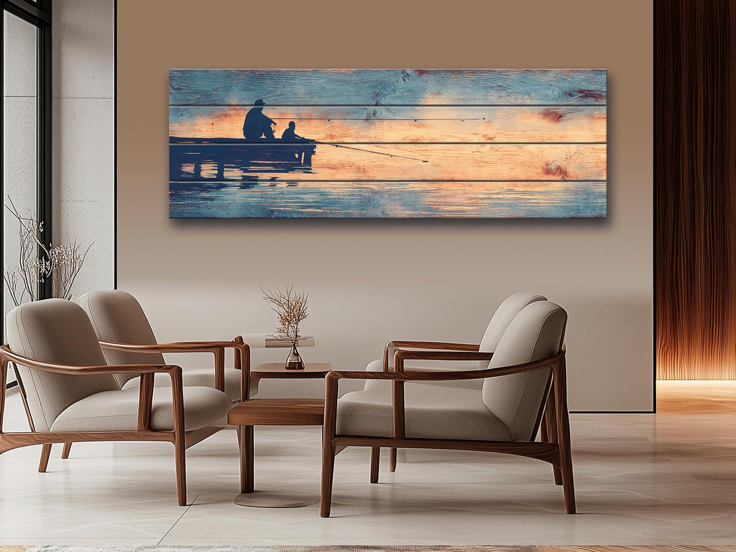 Father Child Fishing Art - Rustic Wooden Wall Art With Lake Dock Scene
