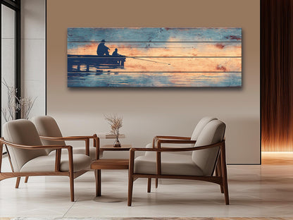 Father Child Fishing Art - Rustic Wooden Wall Art With Lake Dock Scene