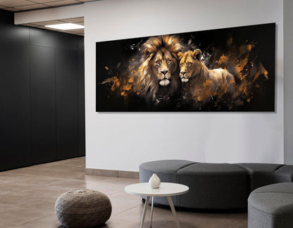 Lions in Love Canvas Print – Romantic Lion and Lioness Painting | Ready to Hang Art