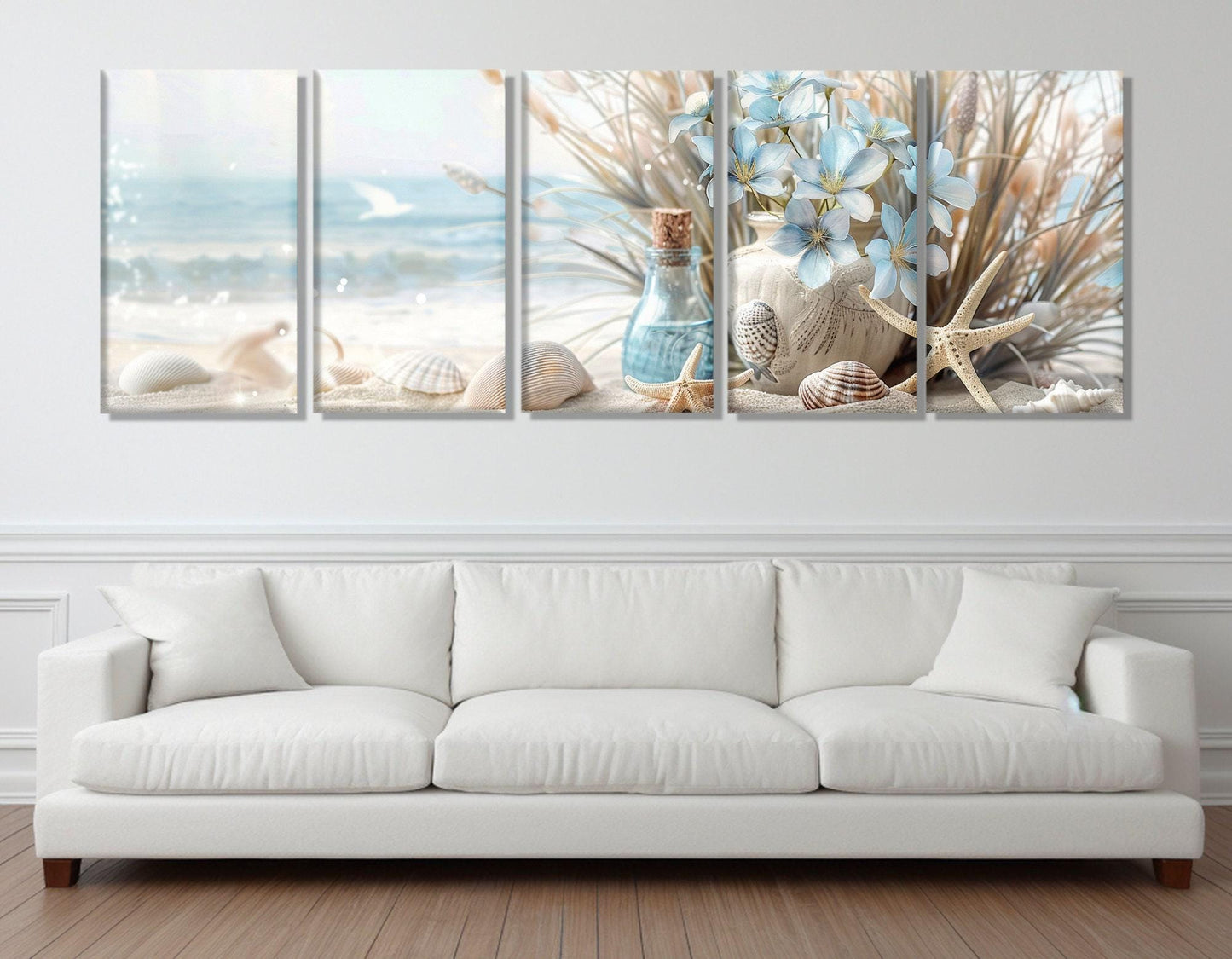Sea Still Life Painting | Framed Canvas Print - Soft Colors Floral Beach Wall Art