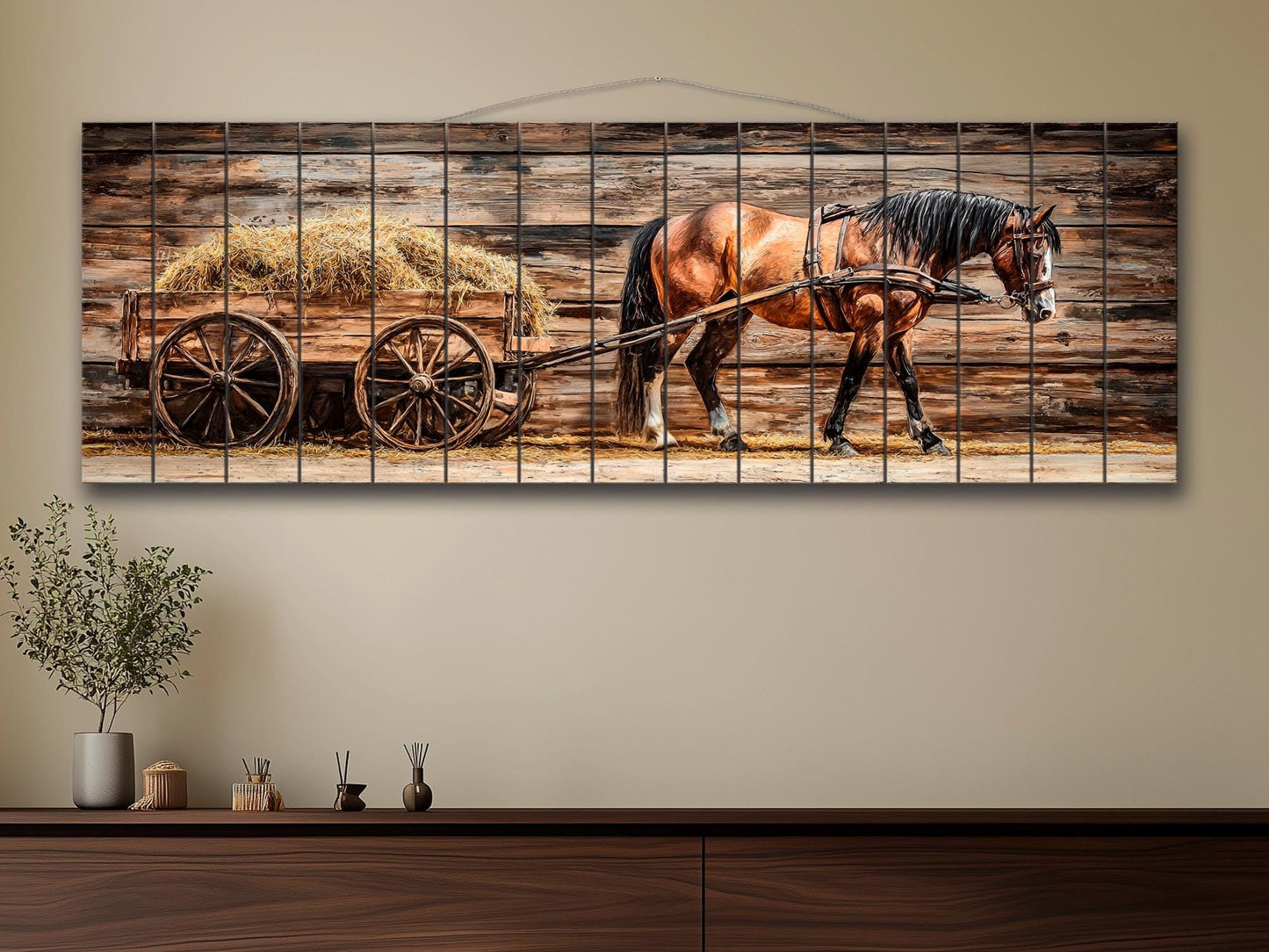 Rustic Wood Wall Art – Horse Wooden Cart with Hay | Farmhouse Wall Decor