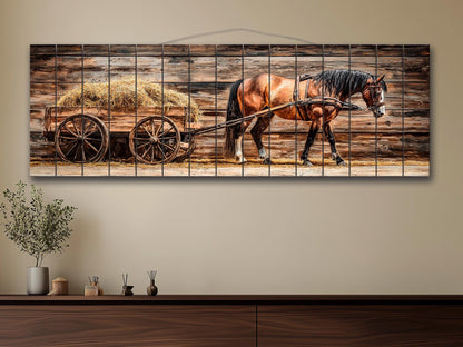 Rustic Wood Wall Art – Horse Wooden Cart with Hay | Farmhouse Wall Decor