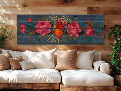 Sacred Heart Wall Art – Handcrafted Wood Wall Decor | Blooming Roses Print
