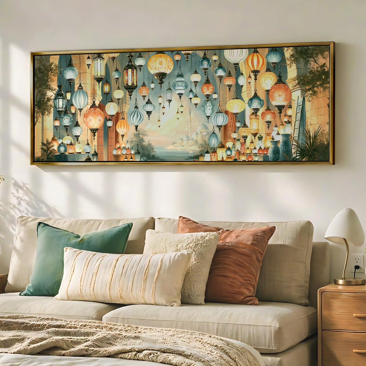 a large, colorful painting of hanging lanterns on a wall above a beige couch with various pillows.