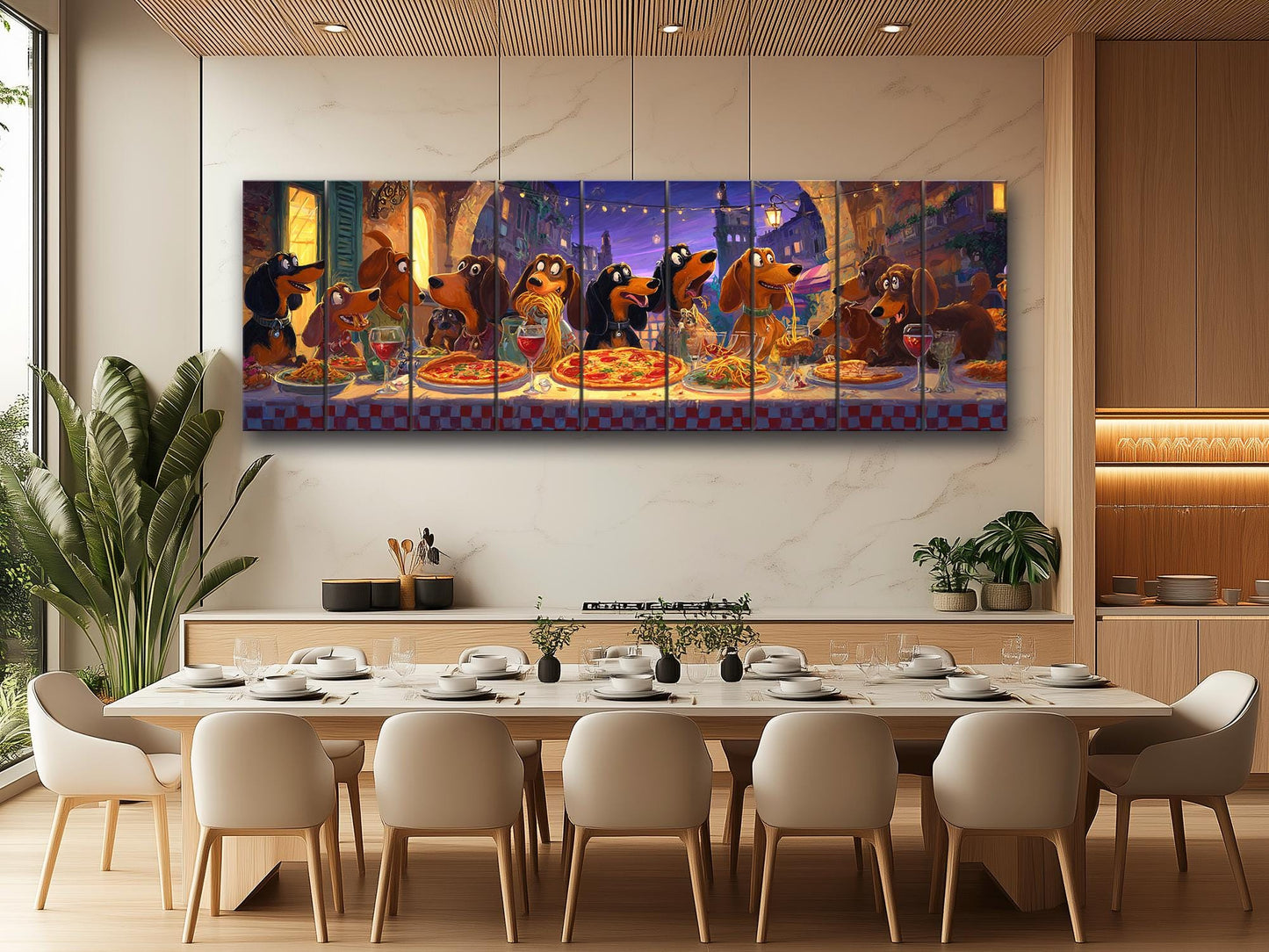 Dachshund Pizza Wall Art – Rustic Wood Plank Print With Playful Dog Illustration