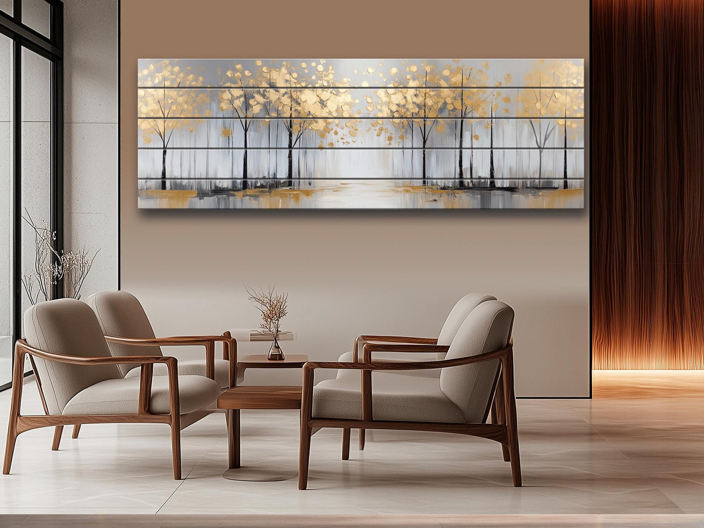 Winter Trees with Golden Leaves Print on Wood - Luxury Wall Art