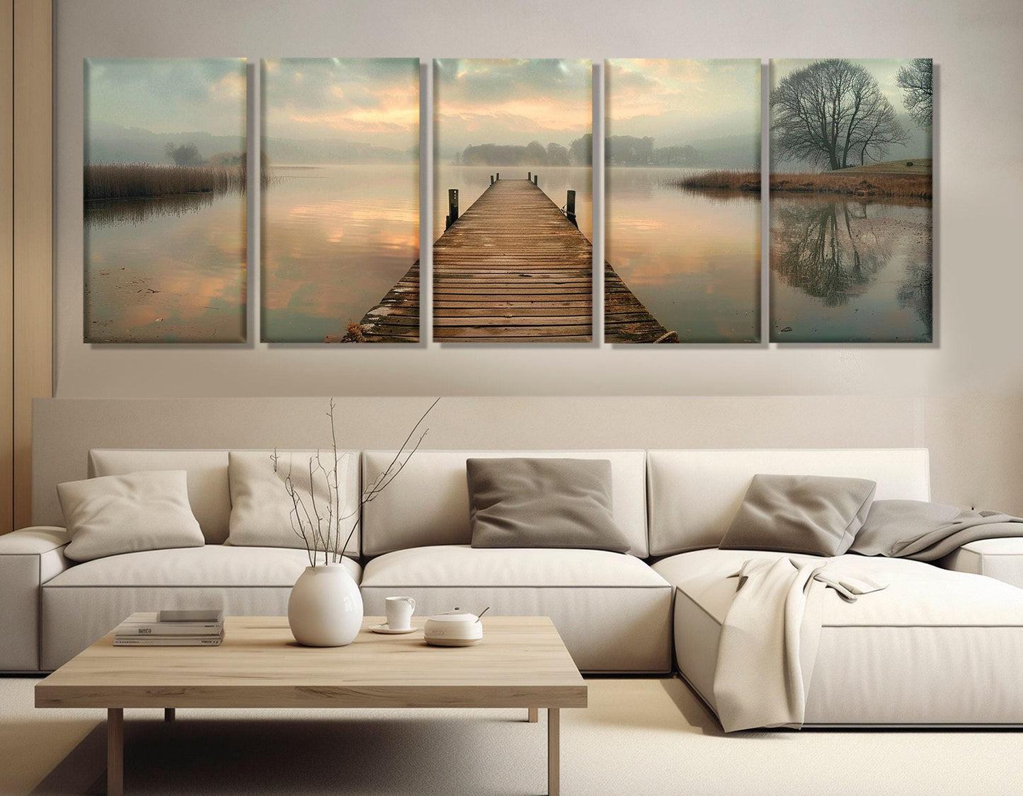 Old Fishing Bridge Canvas - Large Scenic Lake Wall Art with Foggy Lake Painting