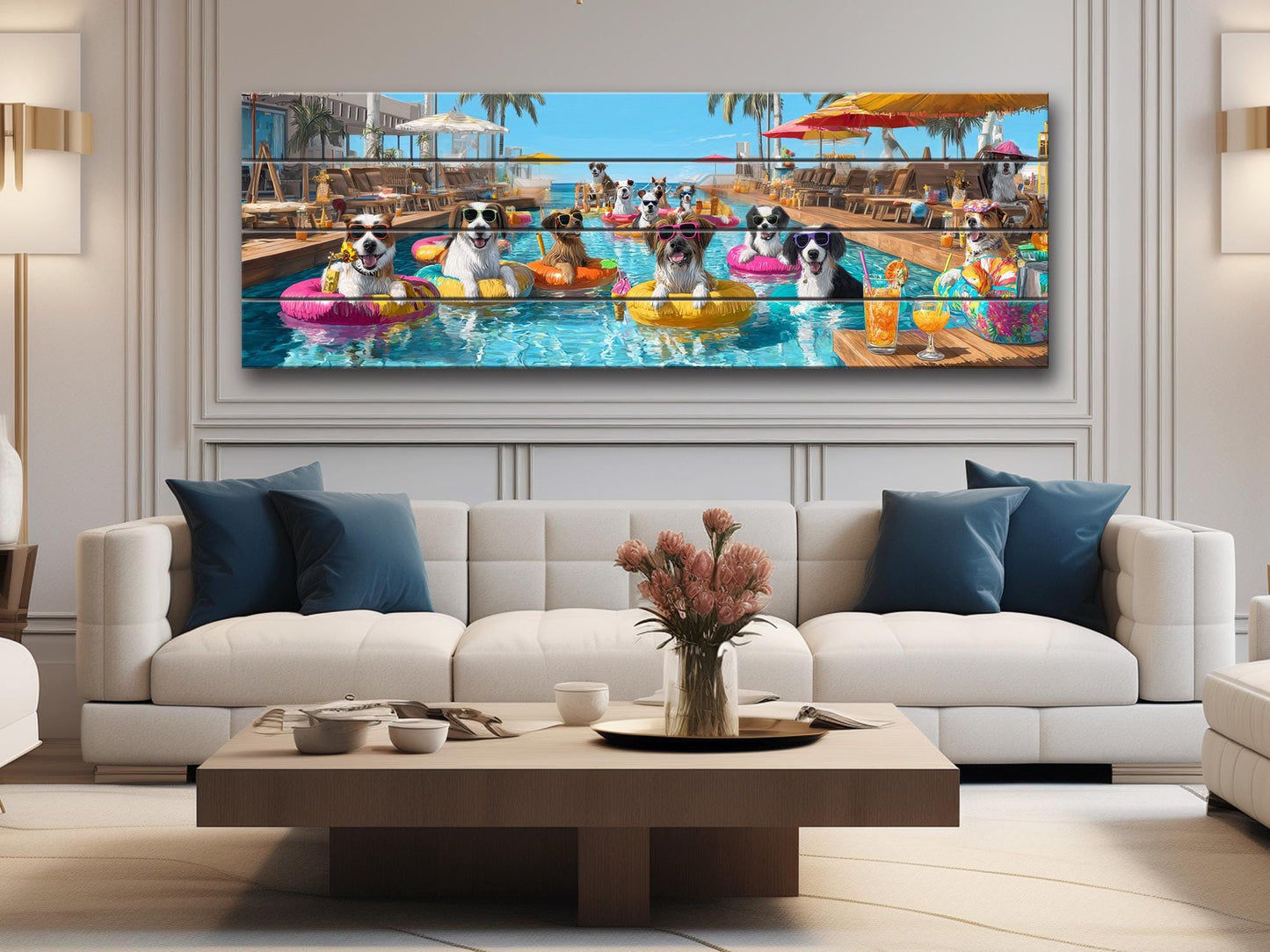 Dogs Tropical Pool Bar Print – Funny Summer Dog Wall Art on Wood Panel