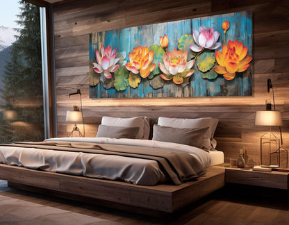 Abstract Lotus Canvas - Vibrant Floral Wall Decor With Wooden Background Painting