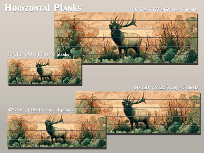 Elk Print On Wood – Rustic Wood Art With Misty Forest Wall Painting & Wildlife Decor