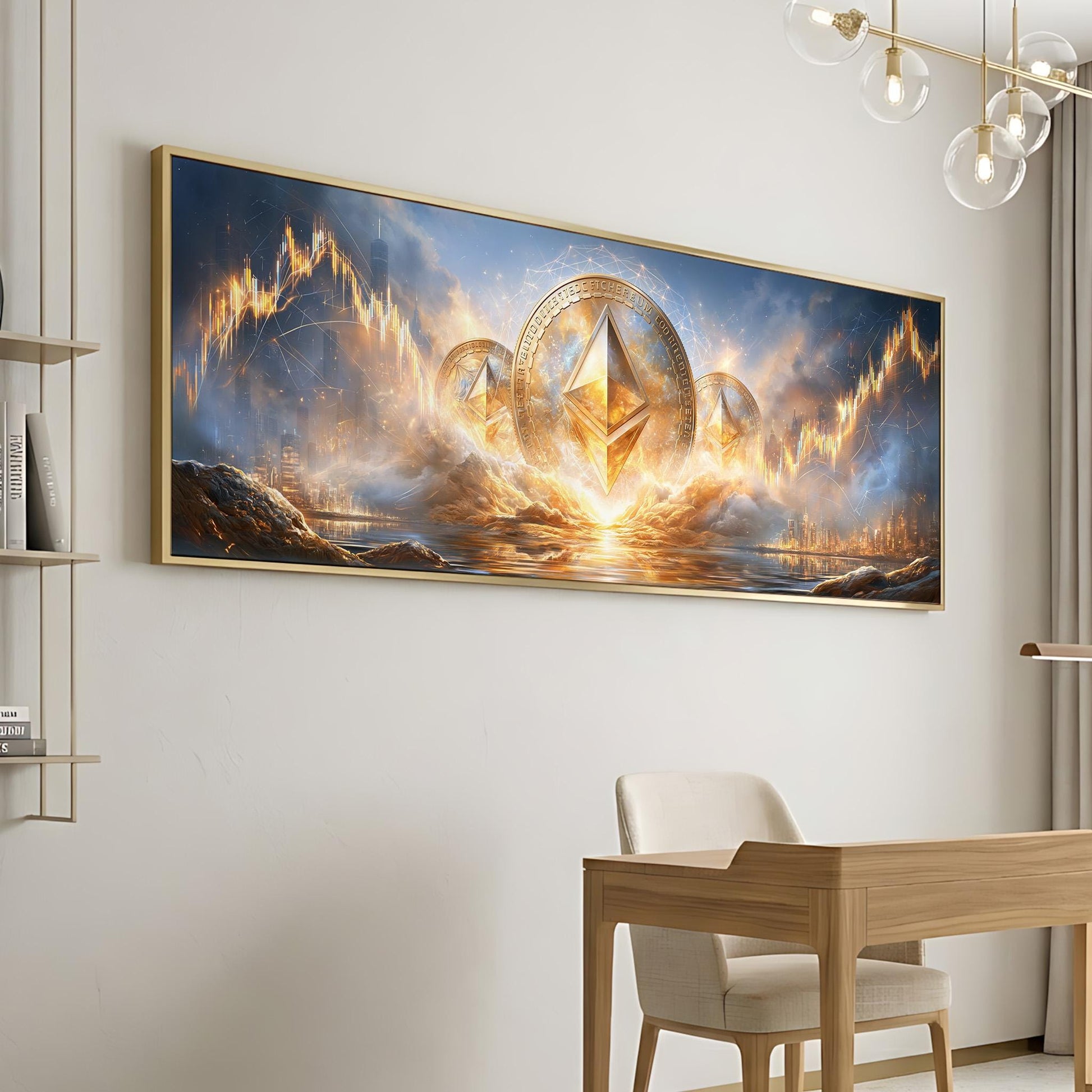a large, framed painting depicting a fantastical landscape with a central golden symbol surrounded by flames and clouds.