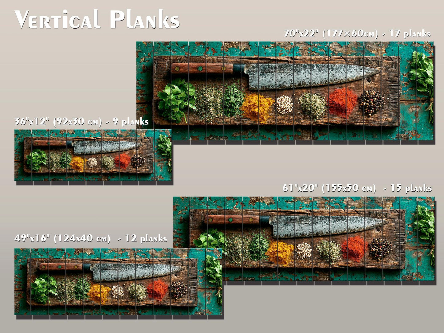Rustic Kitchen Wall Art – Chef Knife Wood Print with Herbs on Peeling Paint